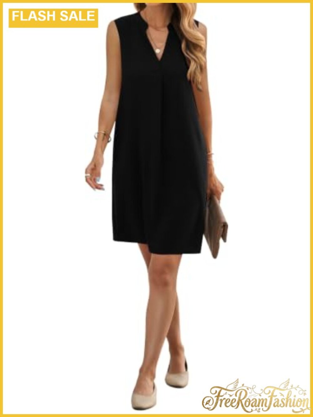 Sleeveless V-Neck Shift Dress Knee Length Casual Summer